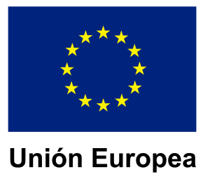 Bandera azul, estrellas doradas, logotipo Unión Europea.