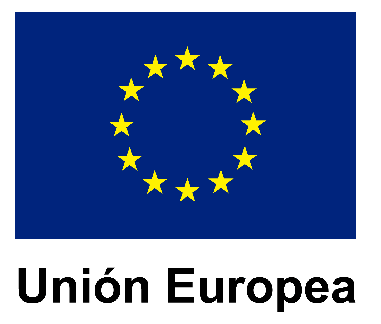 Bandera azul, estrellas doradas, logotipo Unión Europea.