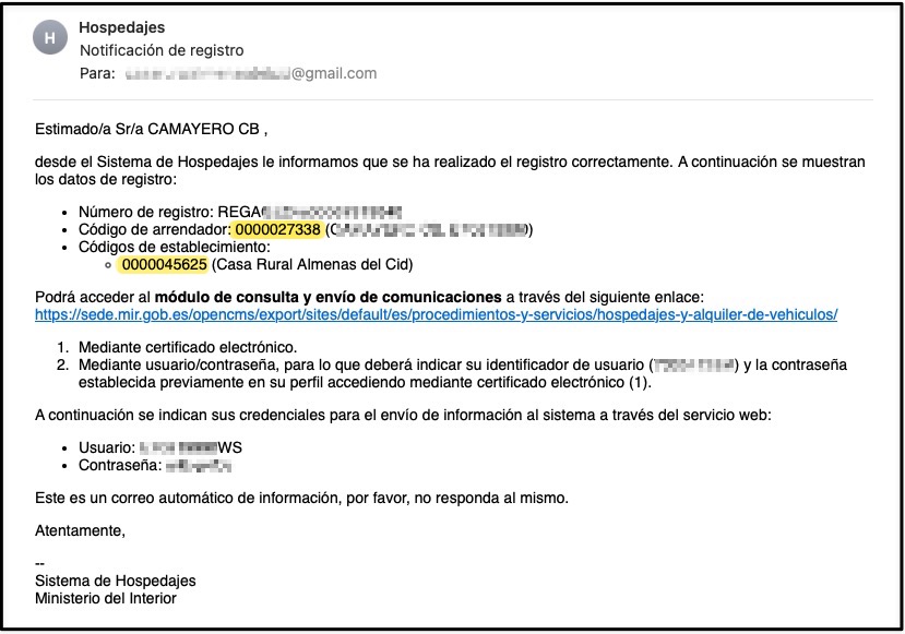 Correo de registro del Sistema de Hospedajes.