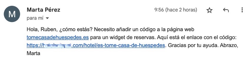 Correo sobre código para widget de reservas web