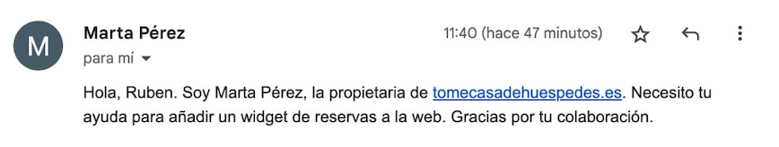 Email sobre widget de reservas para website.