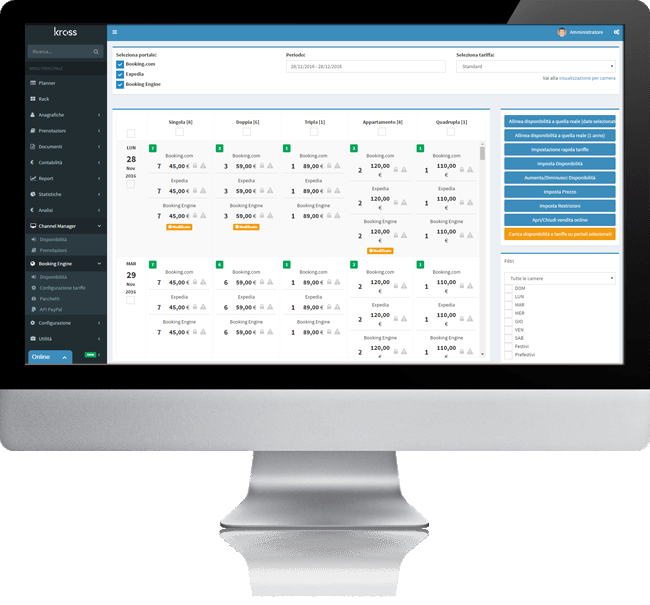 Interfaz software de gestión de reservas hoteleras.