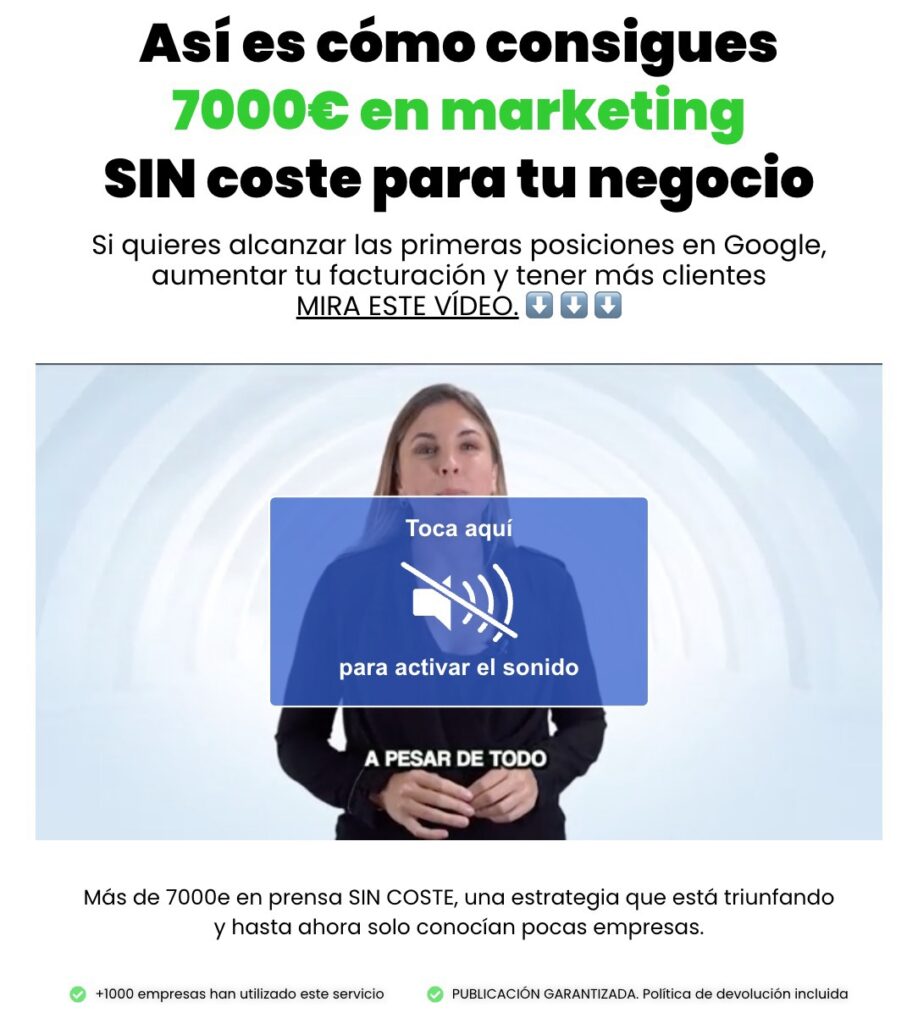 Consigue 7000€ en marketing sin coste, título de esta estafa.