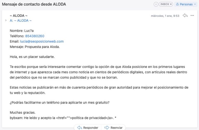 Correo promocional de servicios de posicionamiento web.