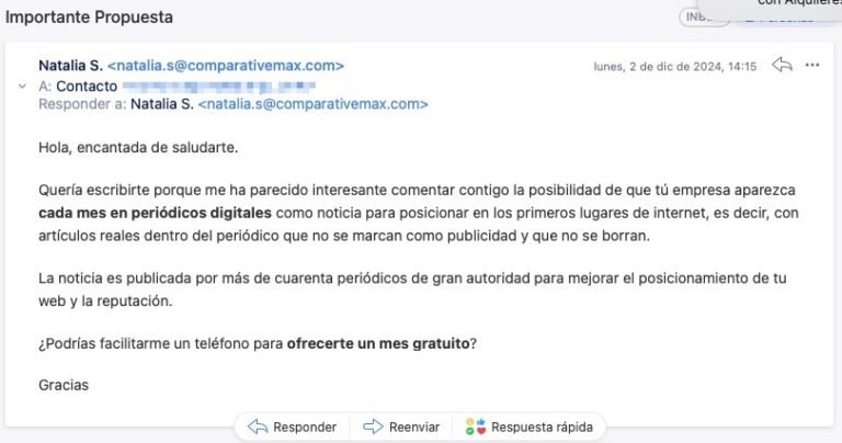 Captura de pantalla de un mensaje de correo.