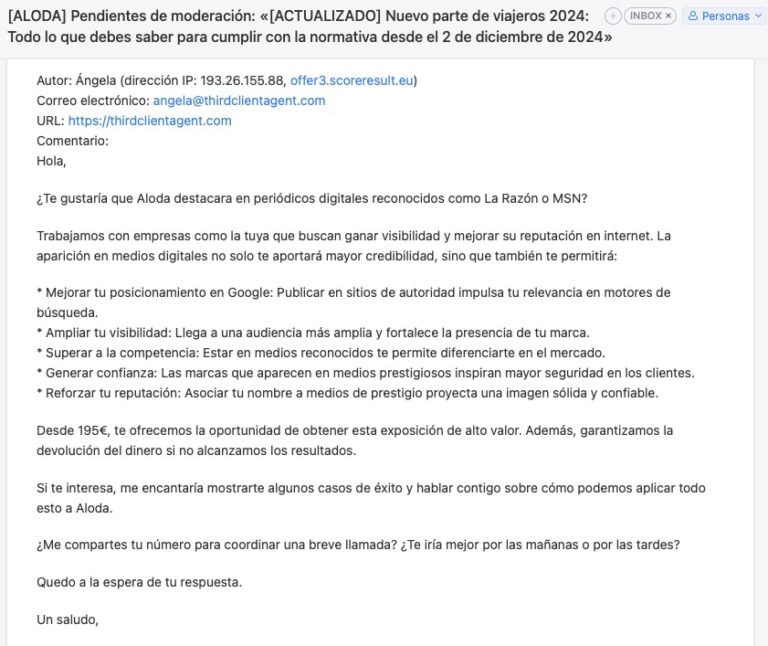 Correo sobre visibilidad en medios digitales para empresas.