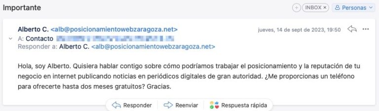 Correo sobre posicionamiento web y reputación online.