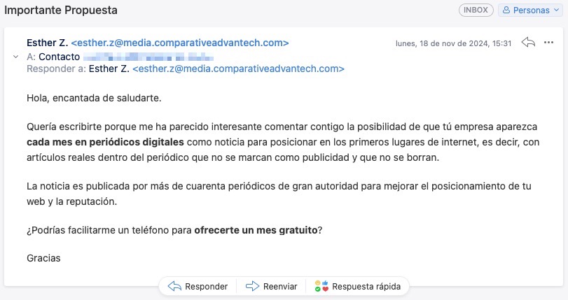 Correo sobre oferta de publicidad en periódicos digitales.