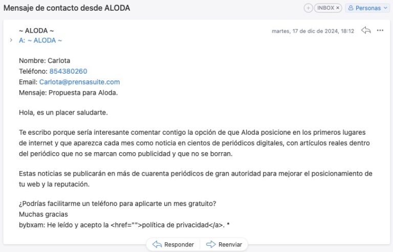 Correo sobre noticias en medios digitales para empresas.