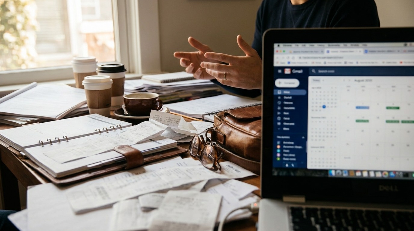 Una persona gestionando múltiples calendarios y papeles en un escritorio desordenado, simbolizando la complejidad de la gestión manual de reservas en apartamentos turísticos.