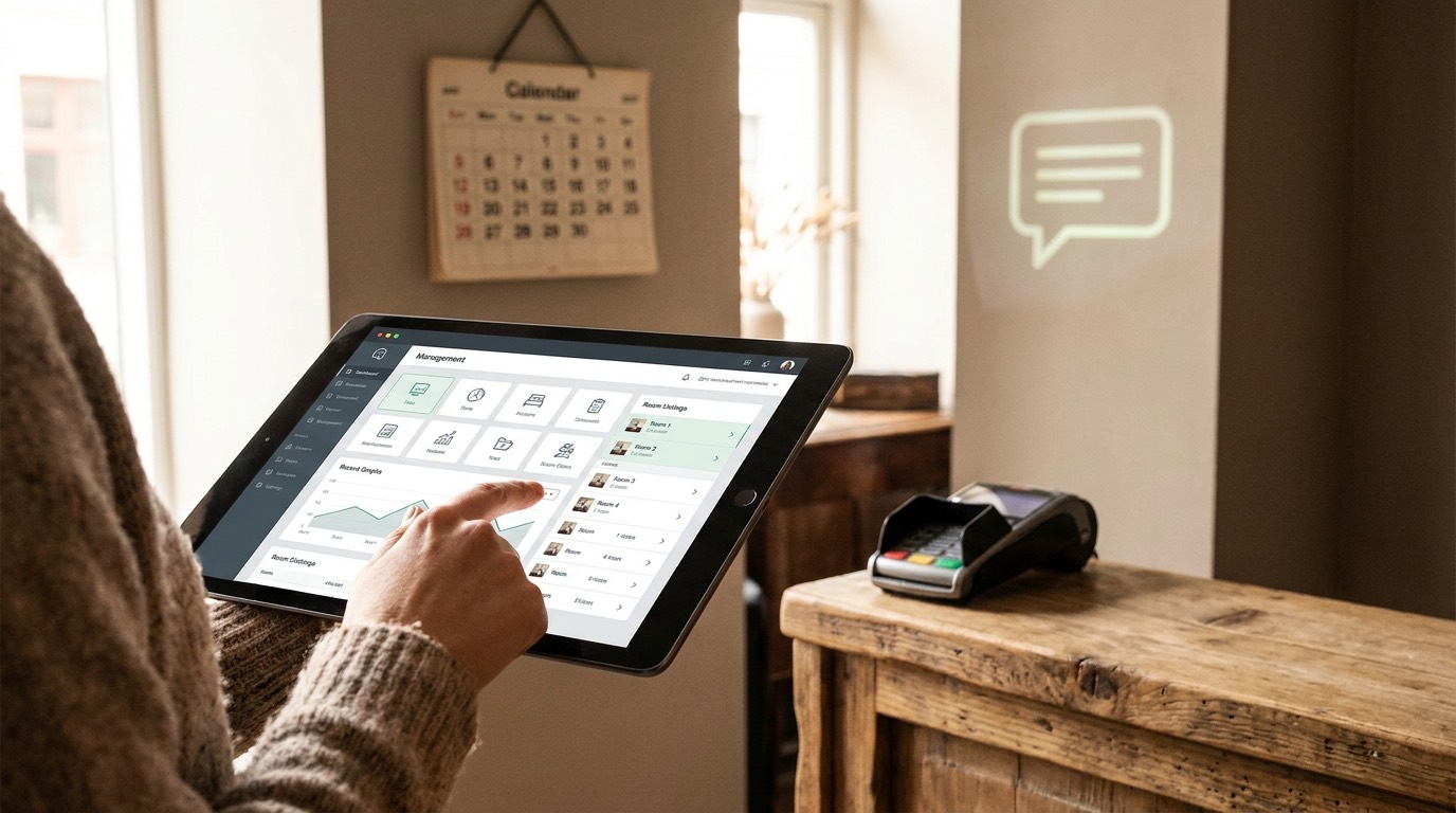 Una mano interactuando con una tablet que muestra un panel de control de gestión integral, con elementos de calendario y comunicación integrados en el fondo, simbolizando un ecosistema digital eficiente para alojamientos.