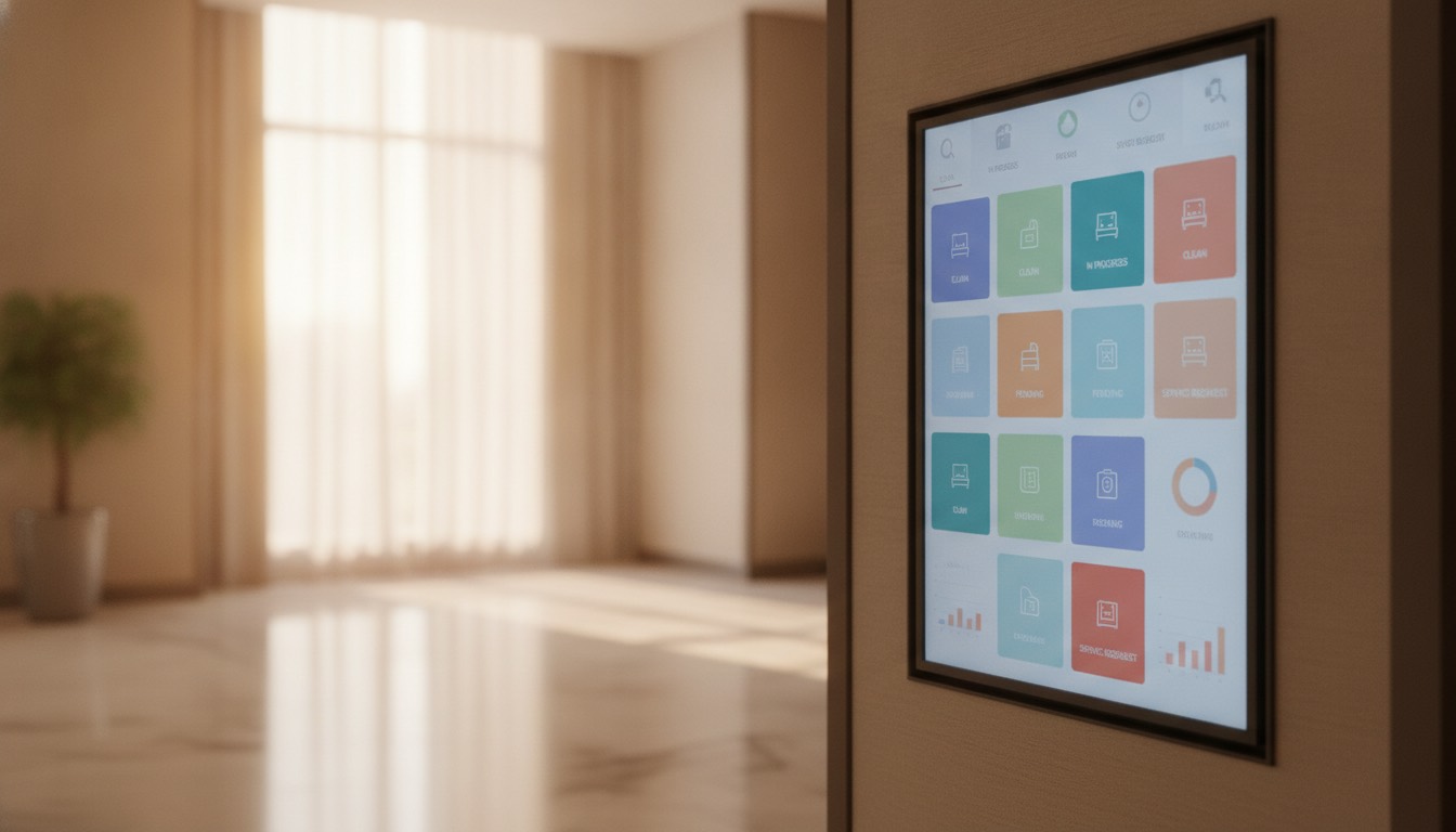 Pantalla de un software de gestión de housekeeping mostrando el estado de las habitaciones y las tareas de limpieza.