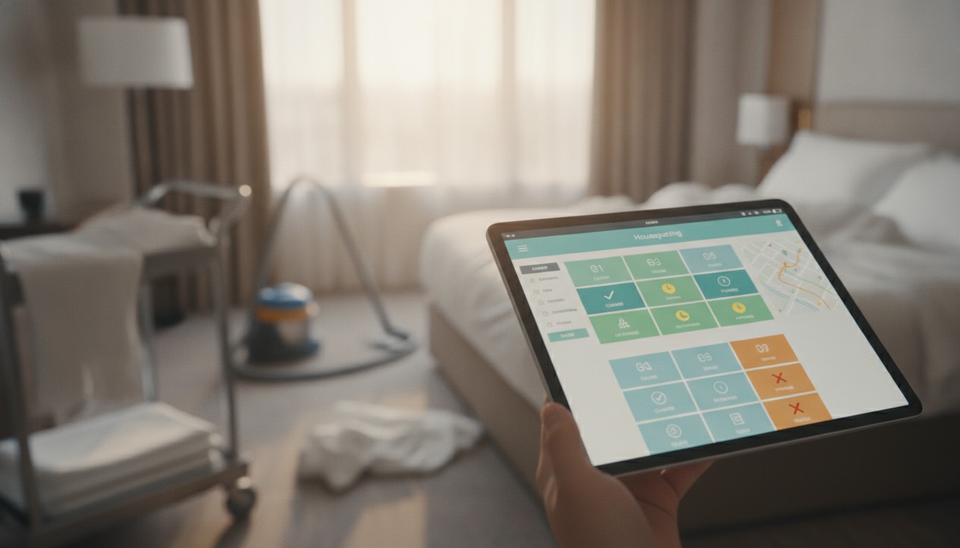 Tablet con una aplicación de housekeeping en una habitación de hotel, simbolizando la gestión de tareas.