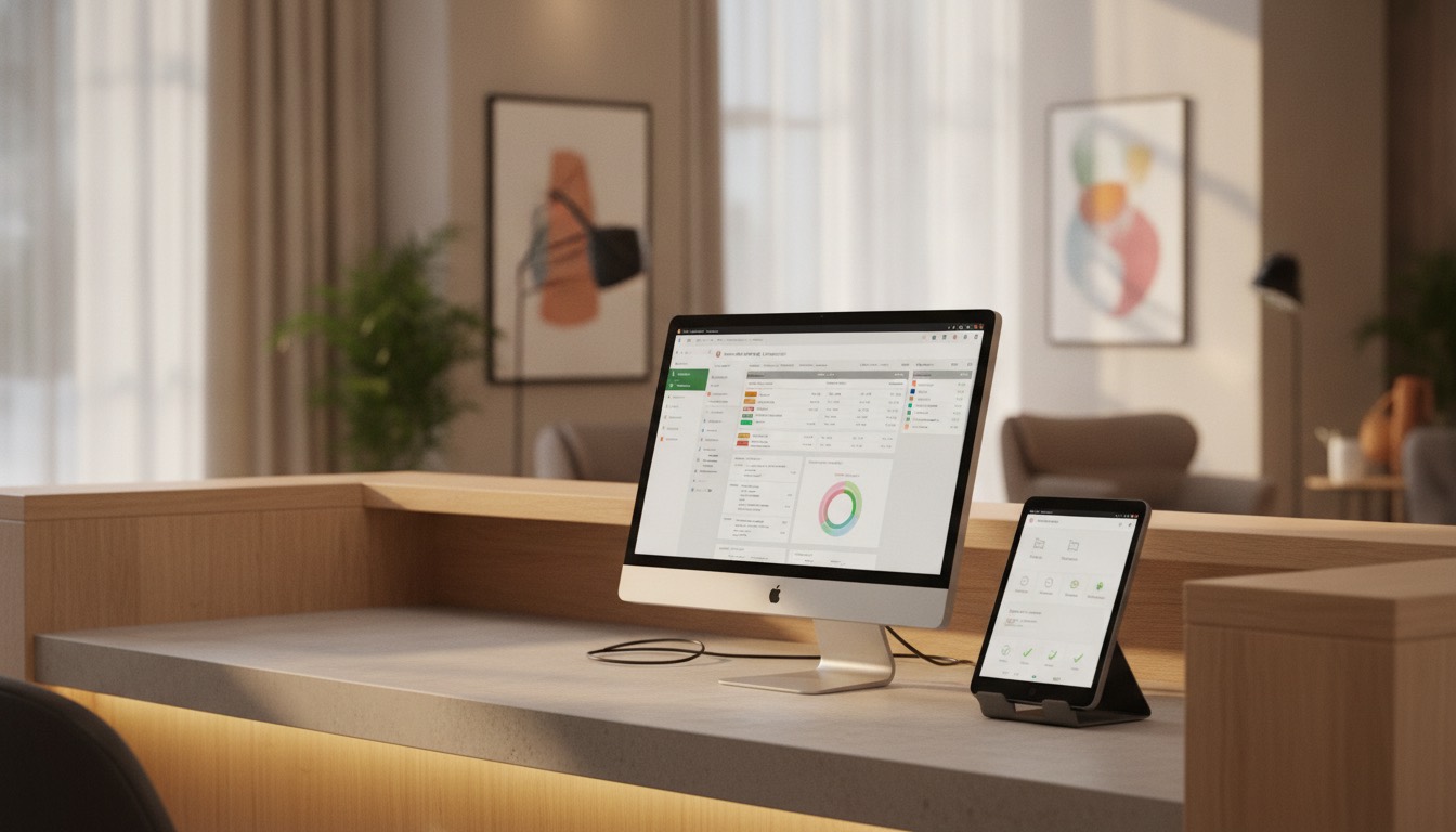 Recepción de hotel con ordenador mostrando un PMS y una tablet con el módulo de housekeeping integrado.