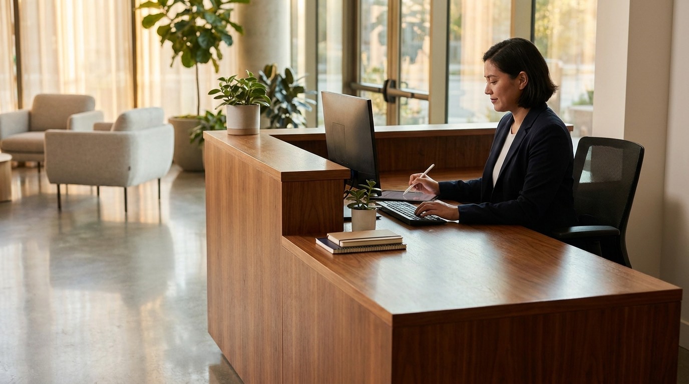 Una persona gestionando con calma y eficiencia las comunicaciones de un alojamiento desde una tablet y un ordenador, en un entorno de recepción moderno y ordenado.