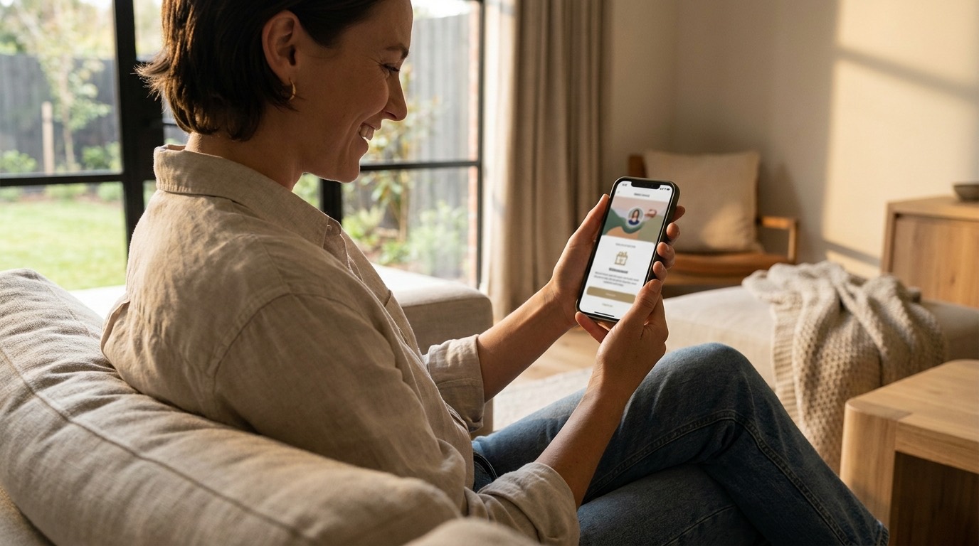 Un huésped sonriendo mientras lee un mensaje de bienvenida personalizado en su smartphone, en la comodidad de su habitación de hotel o apartamento turístico.