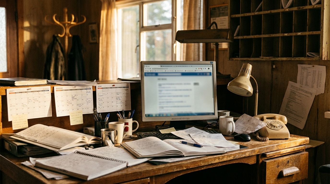 Un escritorio desordenado en la recepción de un hotel pequeño, con cuadernos, calendarios y papeles esparcidos, simbolizando la gestión manual y la falta de centralización.