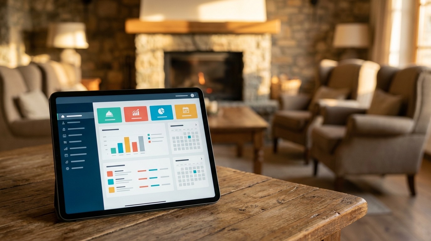 Una tableta o portátil mostrando una interfaz de software de gestión hotelera moderna y organizada, con gráficos claros y datos de reservas, contrastando con papeles desordenados en el fondo. Simboliza la eficiencia frente al caos.