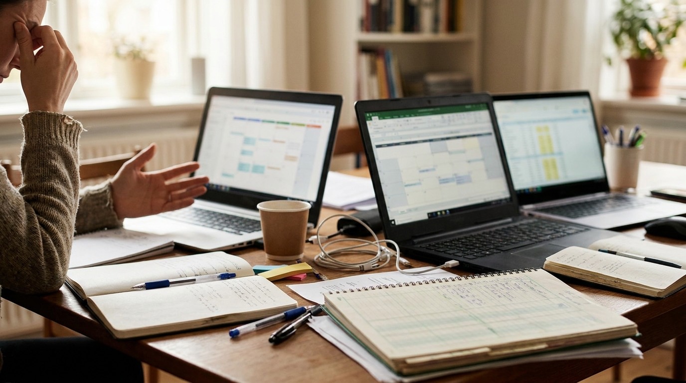 Una mesa de trabajo desordenada con varios ordenadores portátiles y cuadernos abiertos, simbolizando la gestión manual de múltiples canales de reserva en un alojamiento. Unas manos intentan coordinar las diferentes pantallas y calendarios, transmitiendo la complejidad y el estrés de controlar el inventario sin un sistema centralizado.