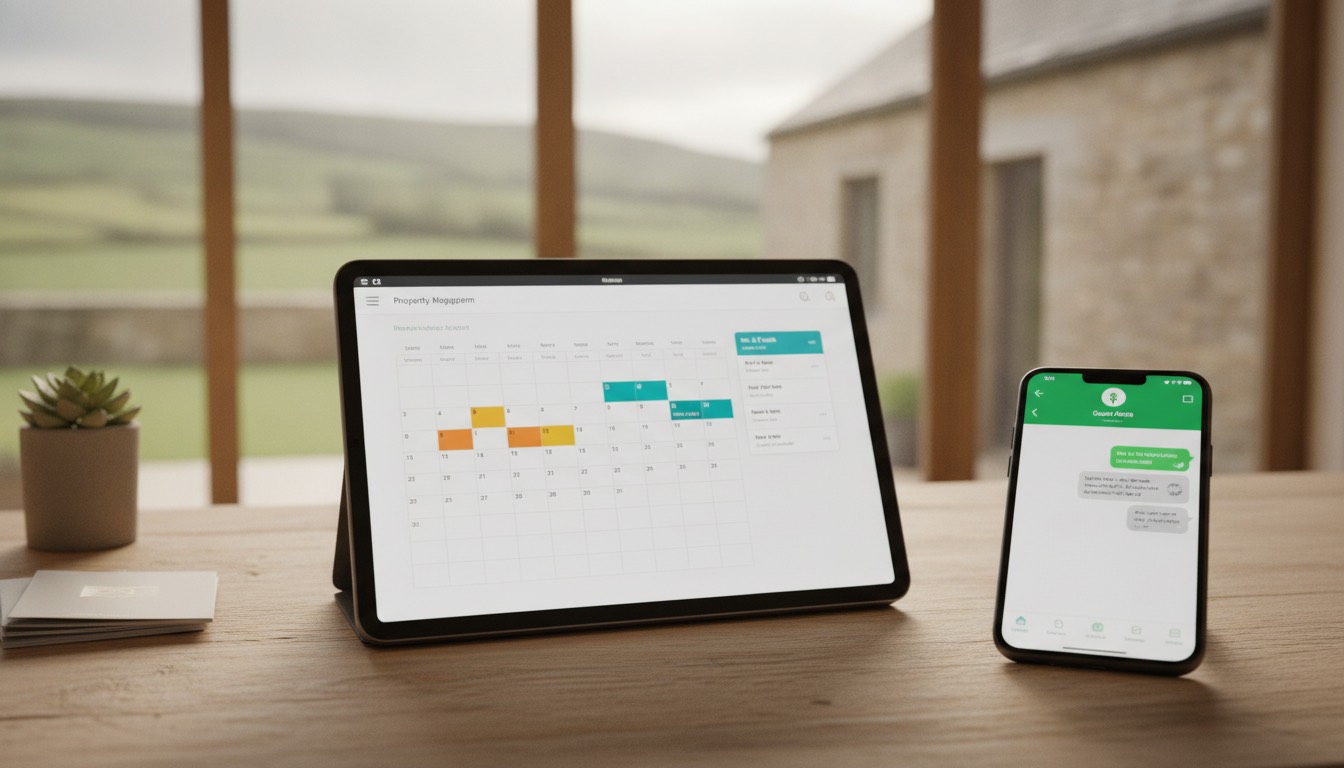 Pantalla de un sistema de gestión hotelera (PMS) con un calendario de reservas claro y un teléfono móvil mostrando una conversación de WhatsApp con un huésped, simbolizando una gestión eficiente y comunicación directa.