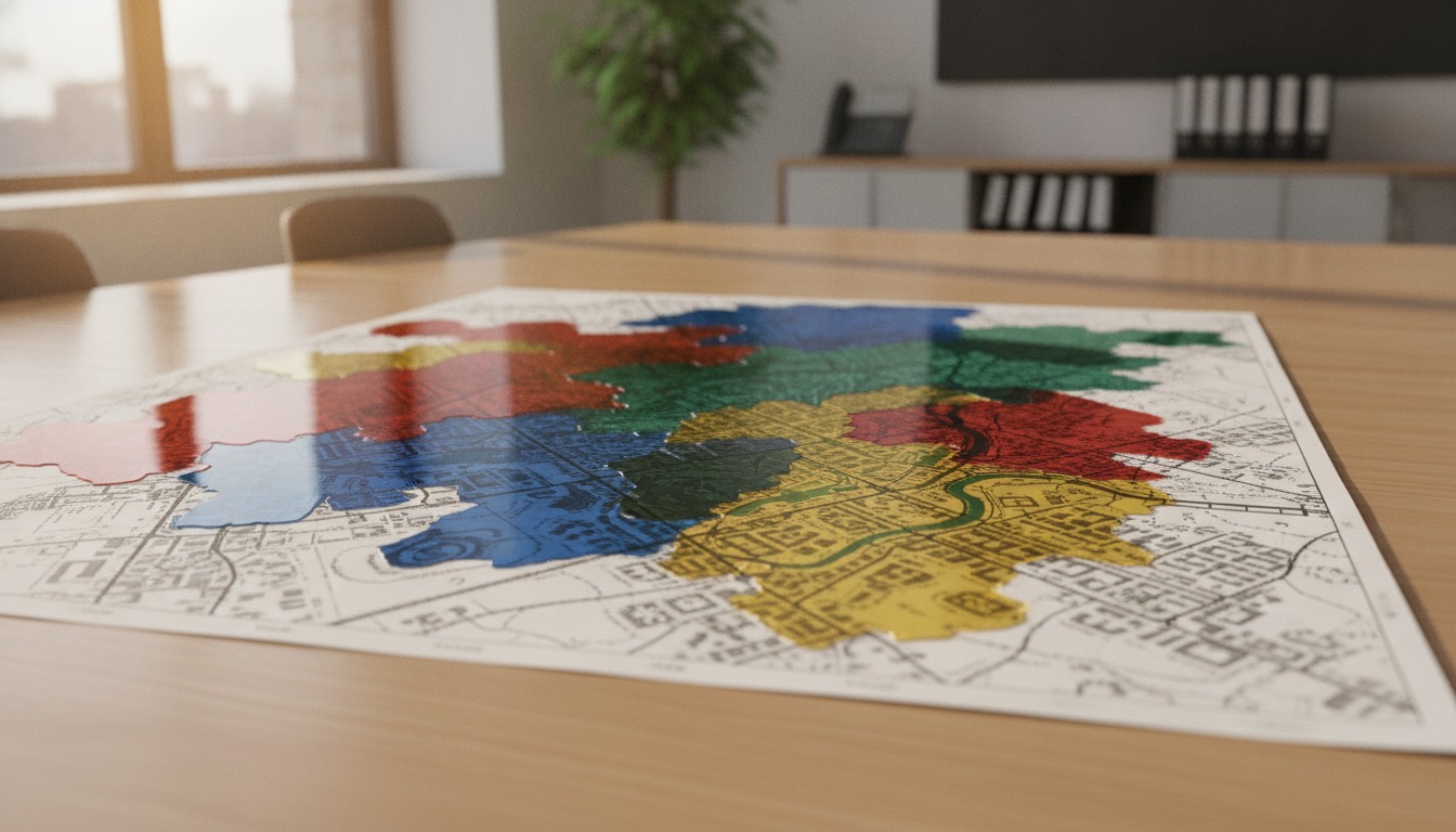 Un mapa complejo con capas de colores superpuestas, representando la intrincada red de normativas legales para alojamientos turísticos.