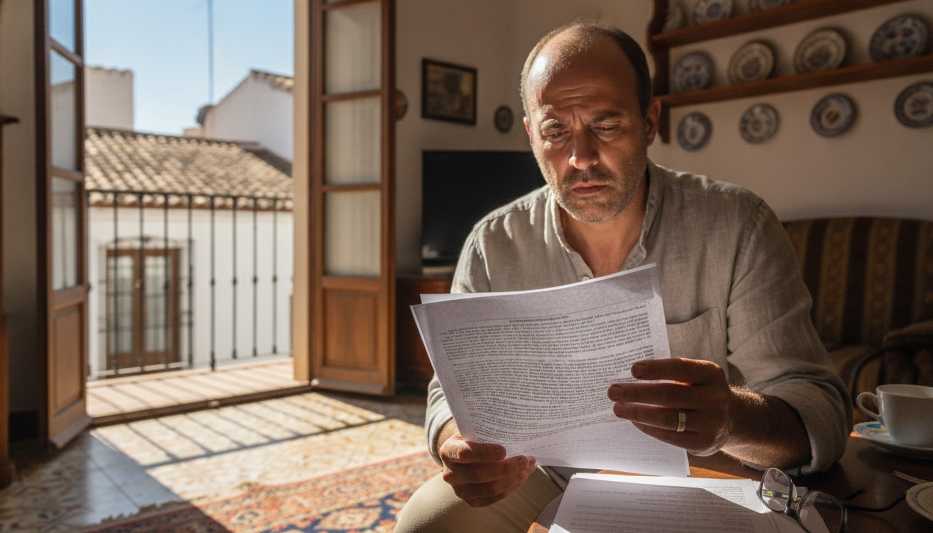 Una persona examinando detenidamente un documento con letra pequeña, posiblemente los estatutos de una comunidad de propietarios, con expresión de preocupación.