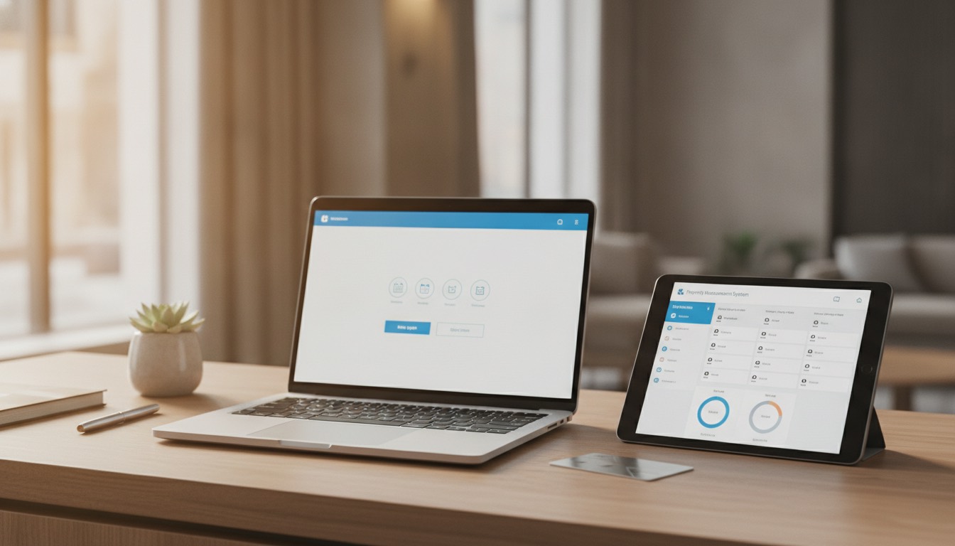 Un escritorio moderno con un portátil mostrando un motor de reservas y una tablet con un panel de gestión de propiedades, simbolizando la tecnología para la venta directa.