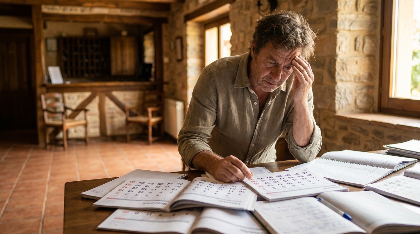 Propietario de alojamiento turístico con expresión de preocupación, mirando varios calendarios superpuestos en su escritorio, que representan la complejidad de la gestión multicanal y el riesgo de overbooking.