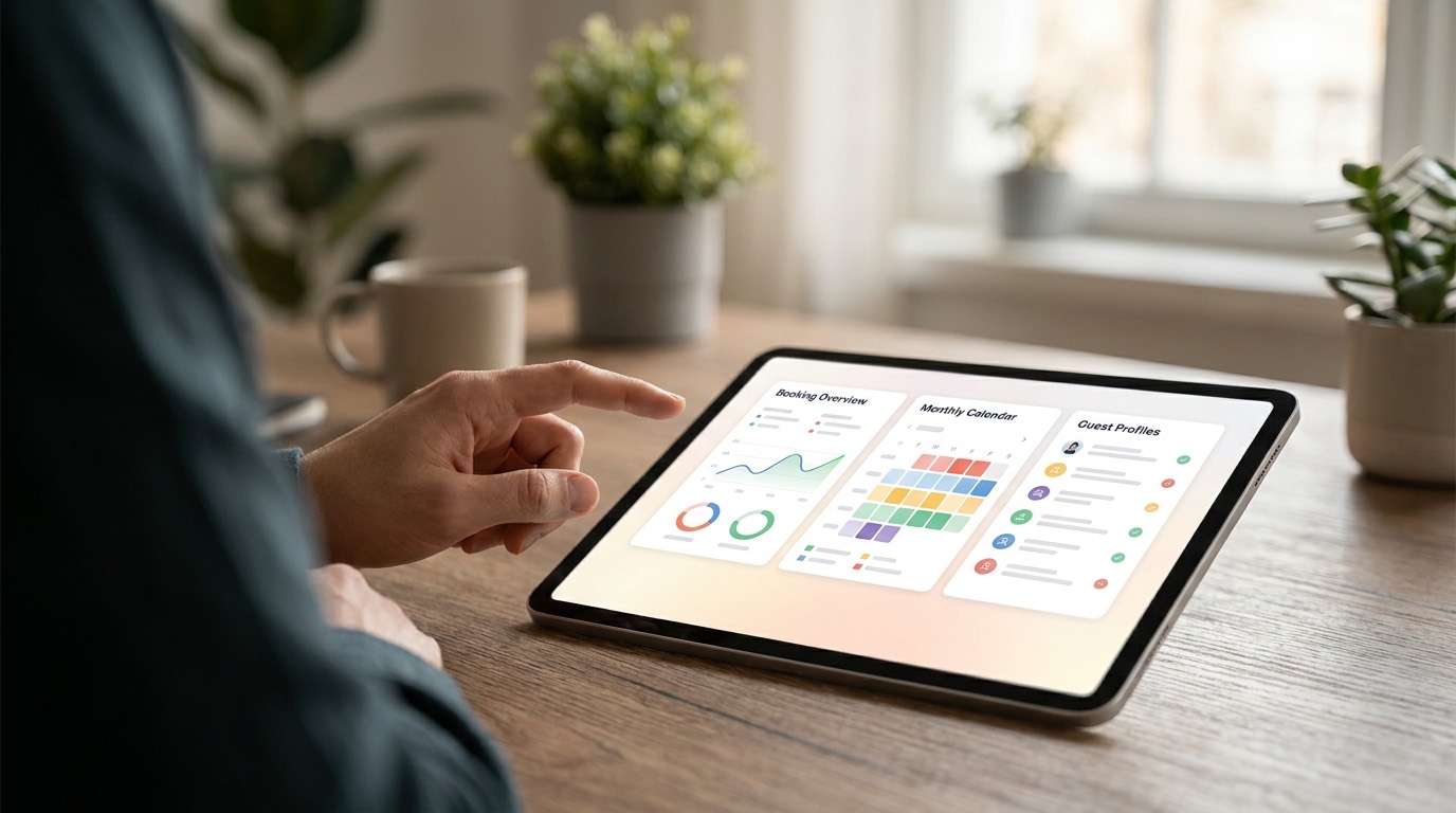 Pantalla de tablet mostrando un panel de control digital moderno y unificado para la gestión de reservas, calendario e información de huéspedes, con una mano señalando la interfaz clara.