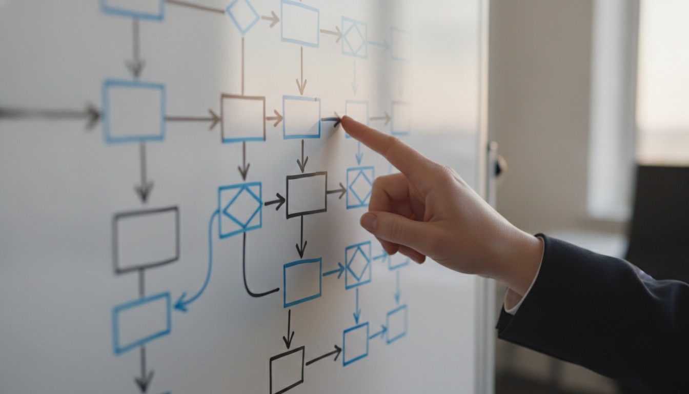 Una mano señalando un diagrama complejo en una pizarra, que representa un proceso de implantación de software.