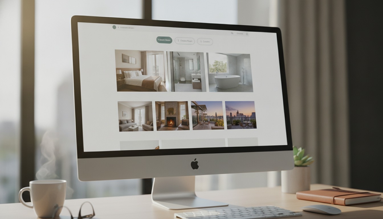 Interfaz de una web de hotel moderna y fácil de usar, con fotos atractivas y pasos de reserva claros.