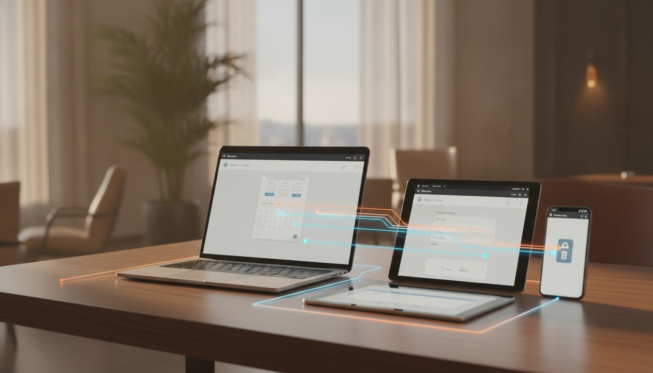 Múltiples dispositivos digitales interconectados, simbolizando la integración de la tecnología en la gestión de un alojamiento.