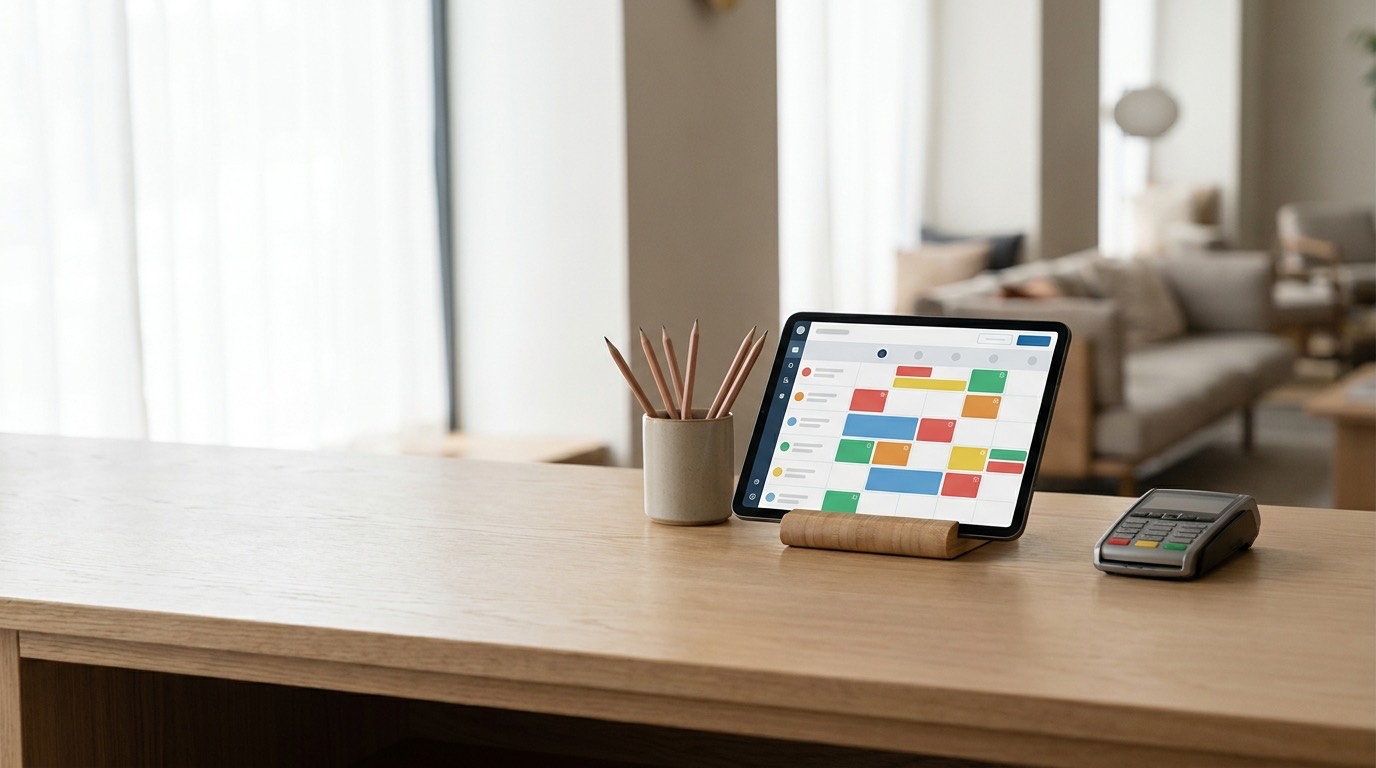 Una tablet en la recepción de un hotel mostrando un calendario de reservas organizado, simbolizando la gestión digital de un alojamiento.