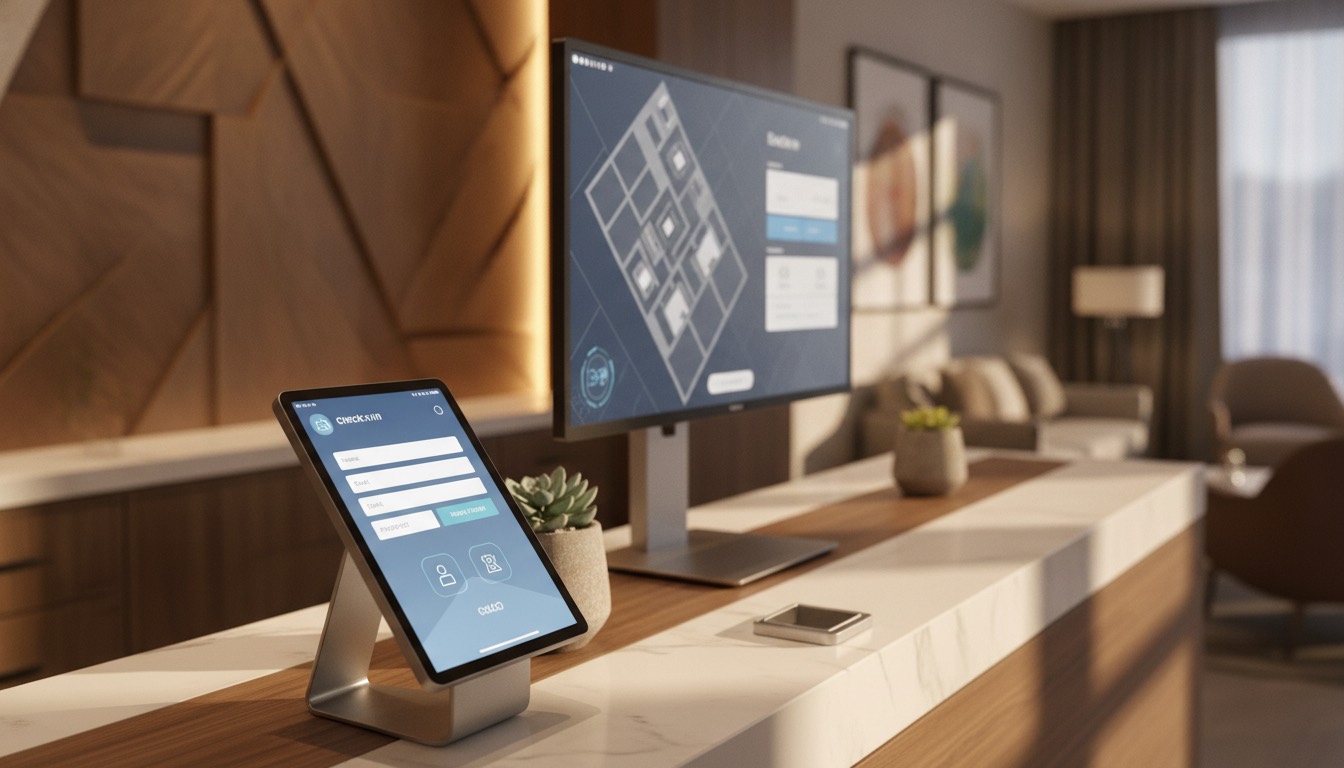 Una tablet en la recepción de un alojamiento mostrando un formulario de registro de viajeros digital, con un bolígrafo al lado, simbolizando la transición del papel a lo digital.
