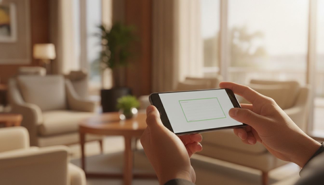 Manos de una persona utilizando un smartphone para completar un formulario de registro de viajeros, con el fondo de una habitación de hotel, ilustrando la facilidad del check-in online.