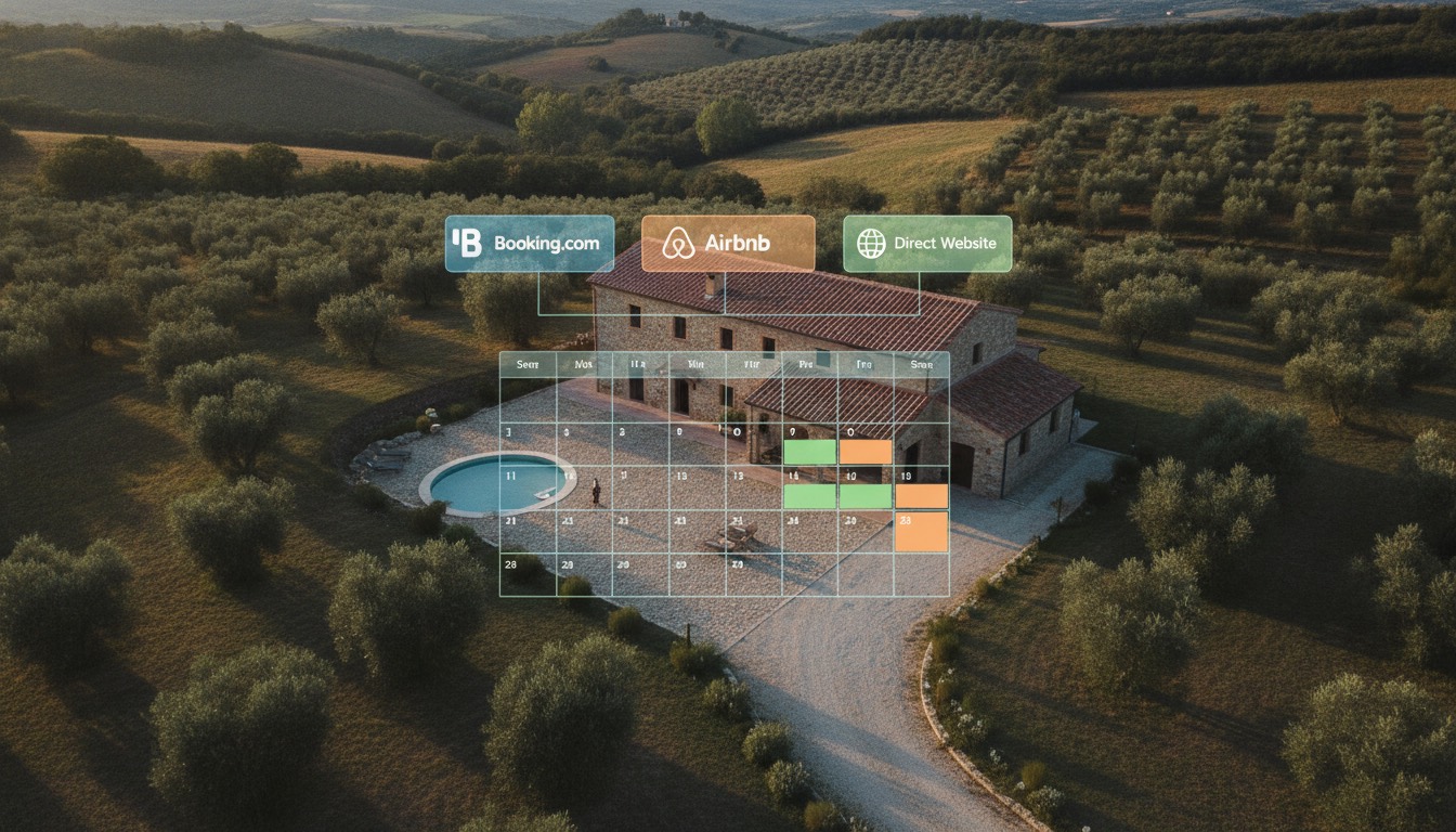 Vista aérea de un hotel boutique o casa rural con una superposición digital que muestra varias plataformas de reserva (Booking, Airbnb, web propia) unificadas en un calendario central.