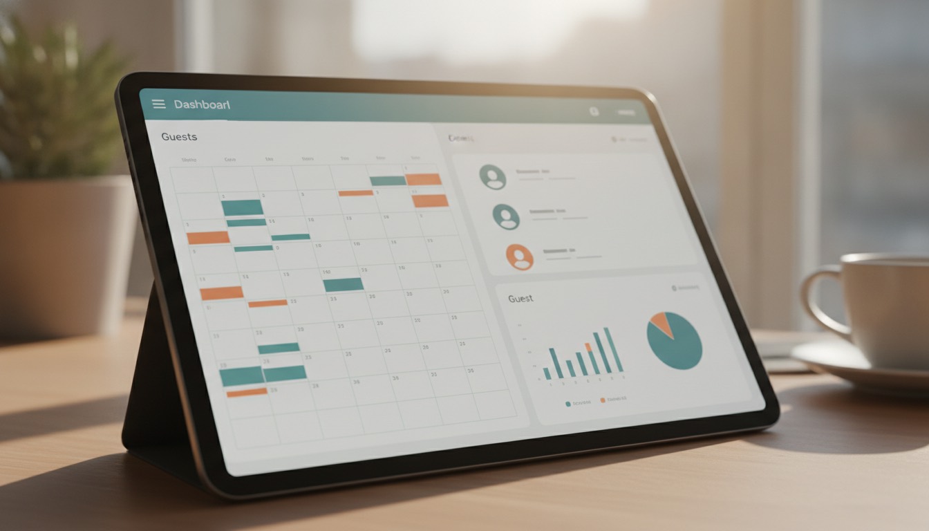 Pantalla de un sistema de gestión de propiedades (PMS) con un calendario de reservas unificado, información de huéspedes y un resumen financiero, mostrando una interfaz limpia e intuitiva.
