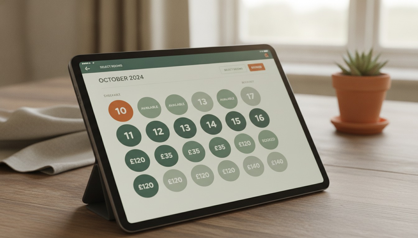 Pantalla de un móvil mostrando un calendario de reservas online claro y fácil de usar para una casa rural.