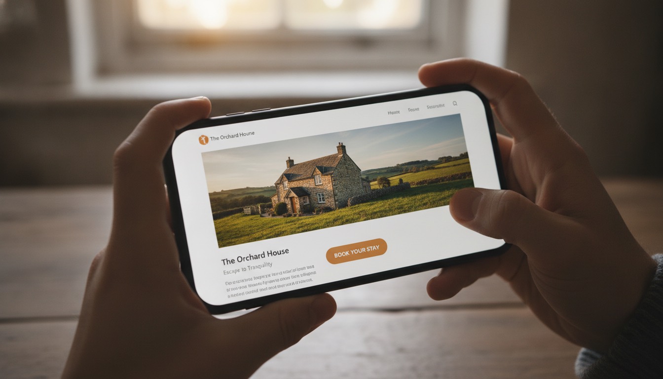 Manos sosteniendo un smartphone que muestra una web de casa rural bien diseñada y adaptada a móvil, con un botón de reserva visible.