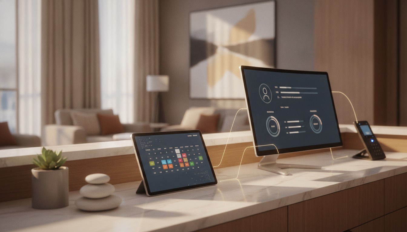 Una recepción de hotel moderna con una tablet, un ordenador y un teléfono, simbolizando la integración fluida de sistemas de reservas y gestión.