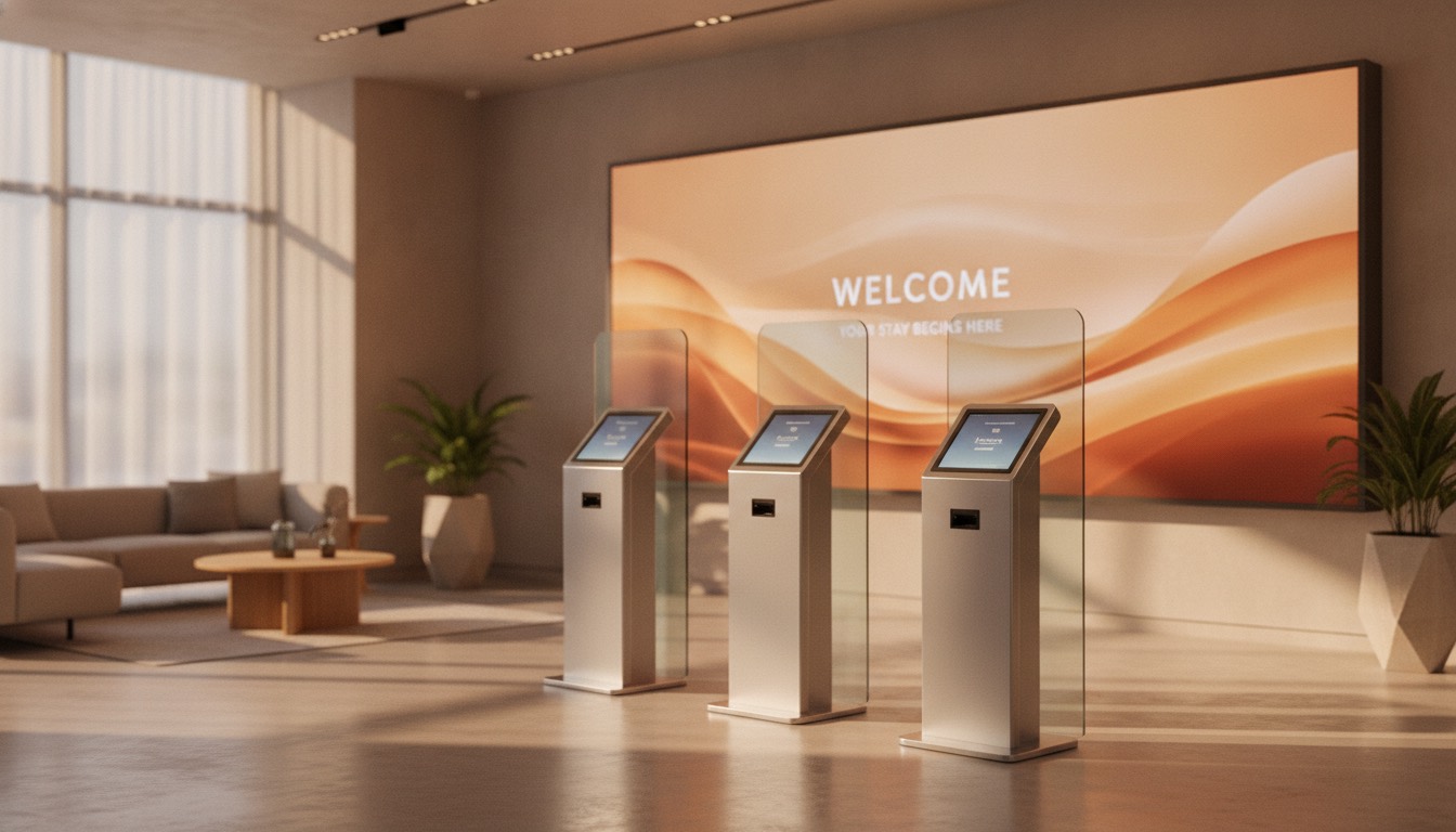 Recepción moderna de un hotel con pantallas de auto check-in y un ambiente acogedor.