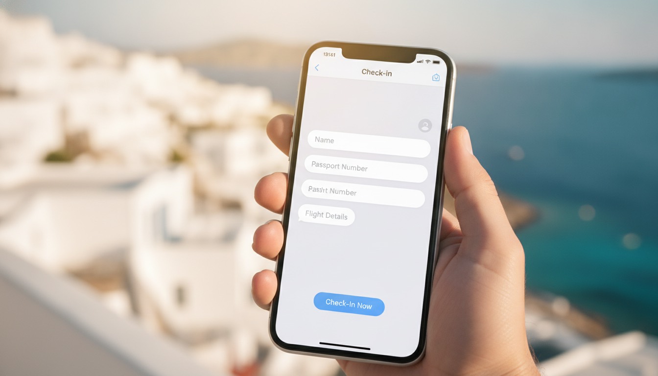 Pantalla de móvil mostrando un formulario de check-in online sencillo y claro, integrado en una conversación de WhatsApp.