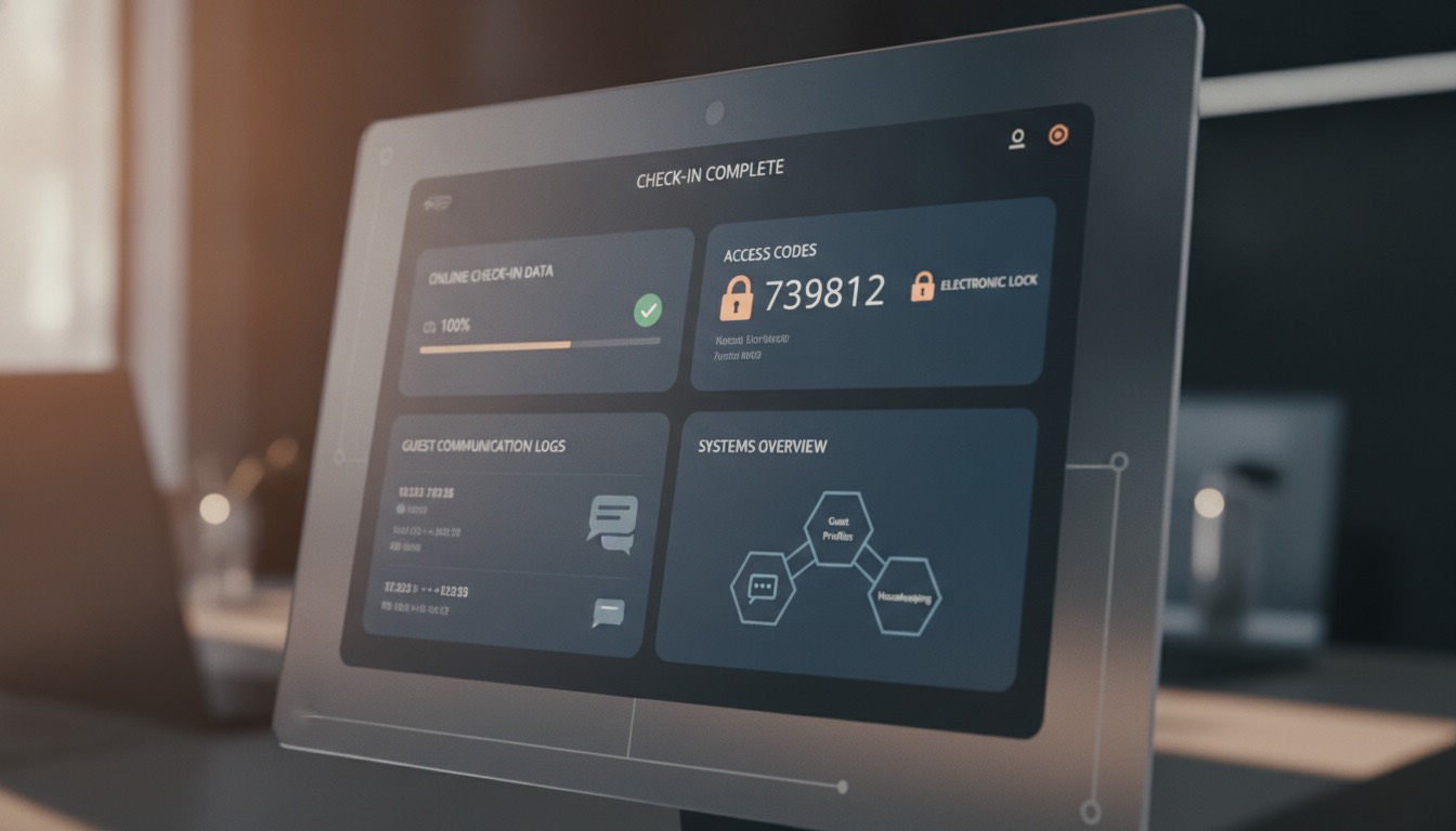 Panel de control digital que muestra la integración de sistemas de reservas, gestión de huéspedes y accesos.