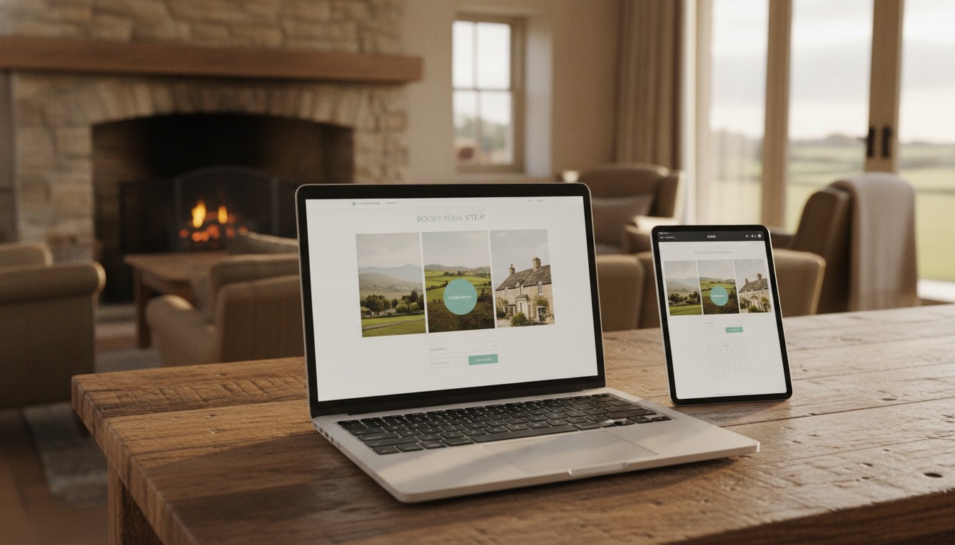 Interfaz de una web de alojamiento turístico en una tablet, mostrando un diseño limpio y un botón de reserva claro.